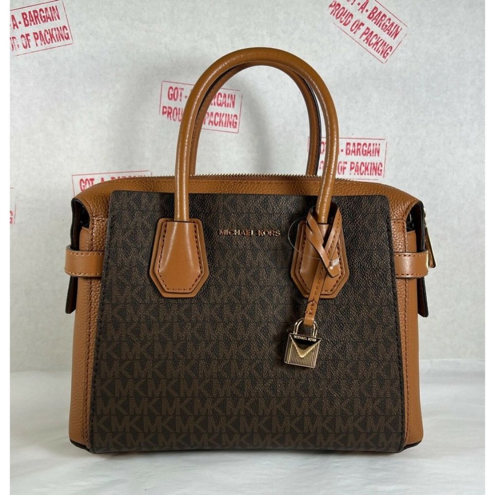 Michael Kors Mercer Belt Brown MK Signature Small Satchel Messenger Bag
